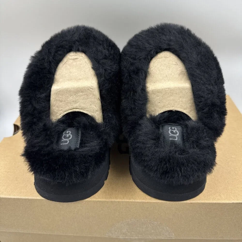 UGG Disquette Black Suede Fur Cuff Slide Platform Slipper Shoes Size 7 Women New